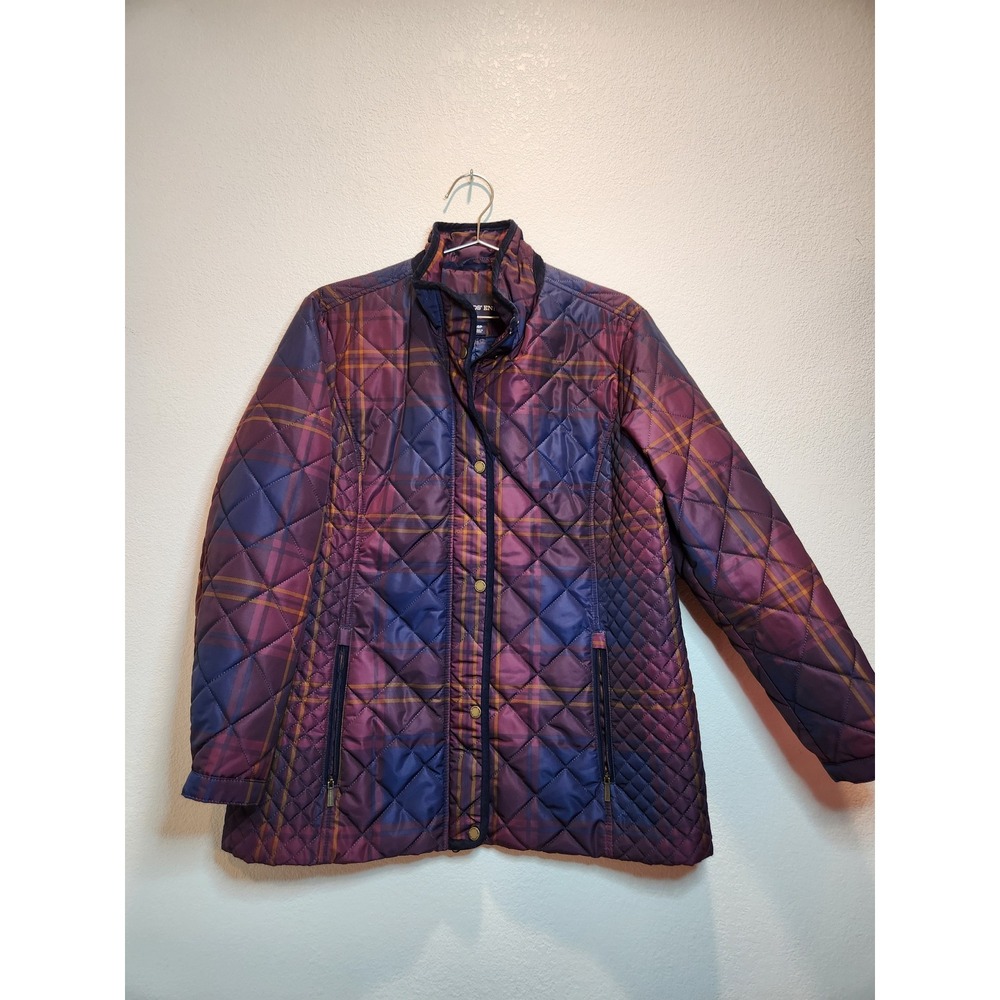Lands' End Petite 16P Quilted Plaid‎ Jacket Purple Blue Snap Zip Coat